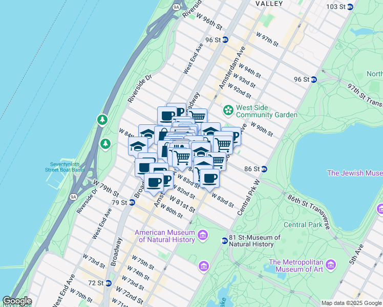 map of restaurants, bars, coffee shops, grocery stores, and more near 167 West 85th Street in New York