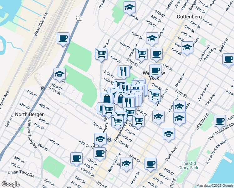 map of restaurants, bars, coffee shops, grocery stores, and more near 554 55th Street in Jersey City