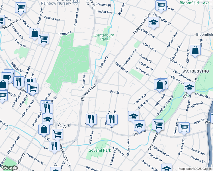 map of restaurants, bars, coffee shops, grocery stores, and more near 93 Fair Street in East Orange