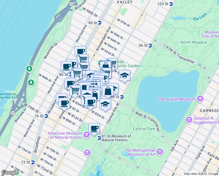 map of restaurants, bars, coffee shops, grocery stores, and more near 47 West 87th Street in New York