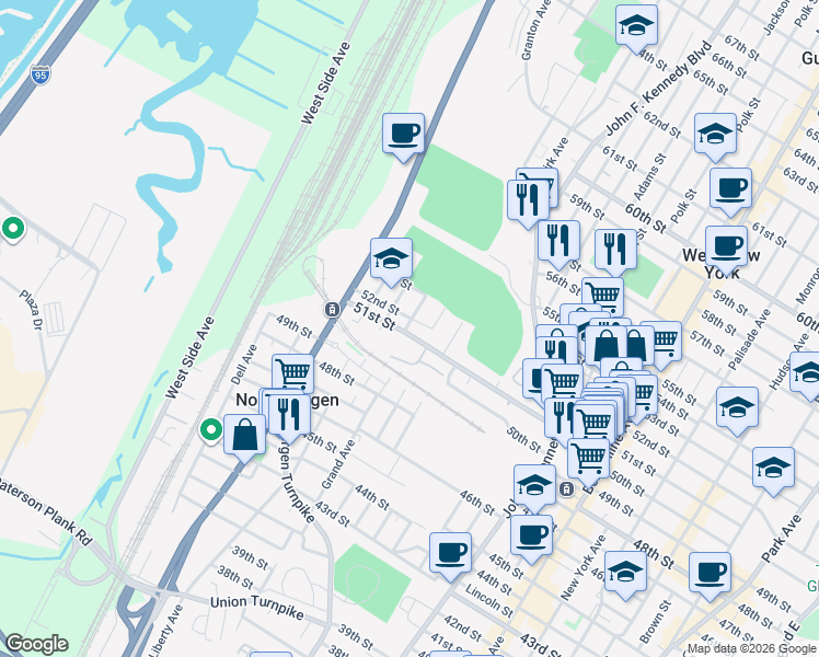 map of restaurants, bars, coffee shops, grocery stores, and more near 1453 51st Street in North Bergen