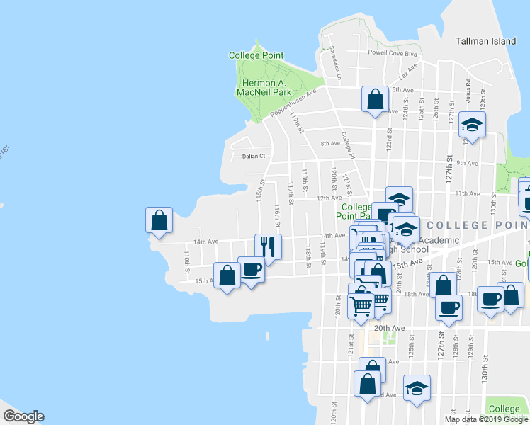 map of restaurants, bars, coffee shops, grocery stores, and more near 10-61 115th Street in Queens
