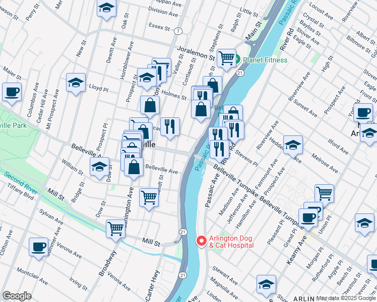 map of restaurants, bars, coffee shops, grocery stores, and more near 4 Rutgers Street in Belleville