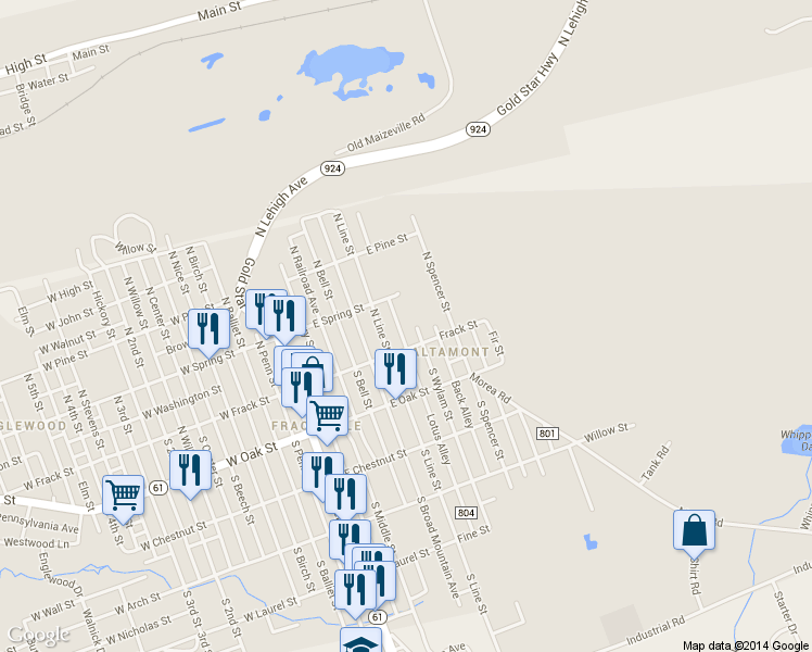 map of restaurants, bars, coffee shops, grocery stores, and more near 20 N Wylam St in Frackville