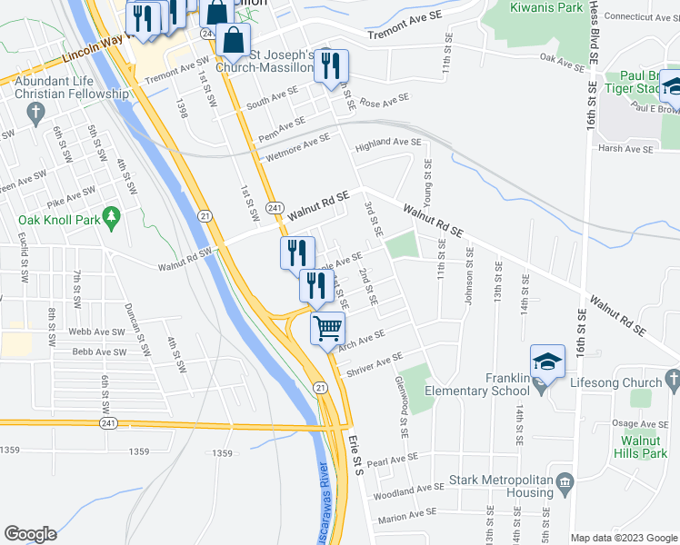 map of restaurants, bars, coffee shops, grocery stores, and more near 116 Edwin Avenue Southeast in Massillon