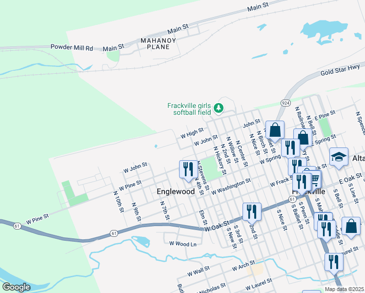 map of restaurants, bars, coffee shops, grocery stores, and more near 543 West John Street in Frackville
