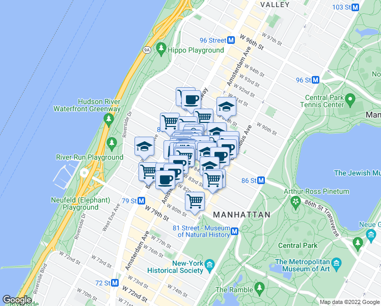 map of restaurants, bars, coffee shops, grocery stores, and more near Amsterdam Ave & W 85th St in New York