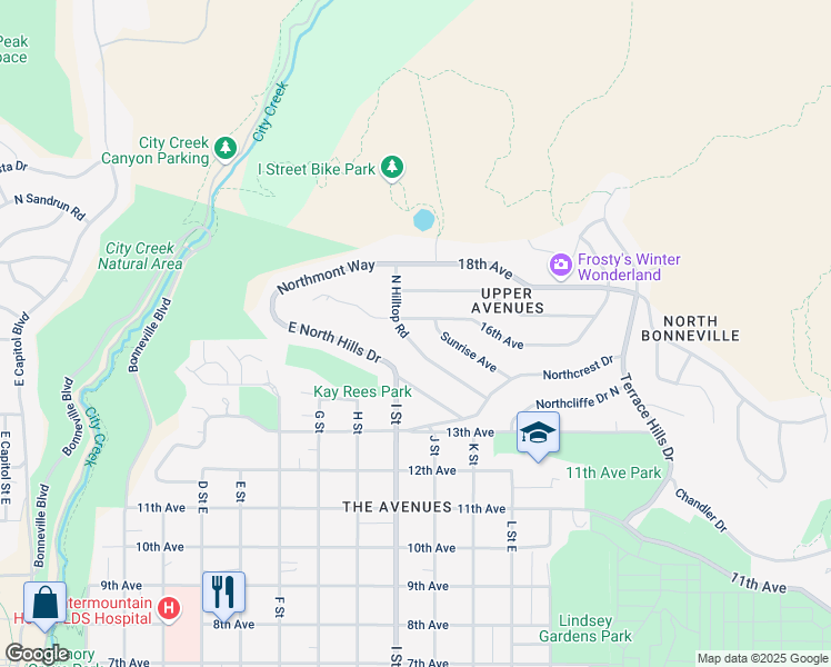 map of restaurants, bars, coffee shops, grocery stores, and more near 585 East North Hills Drive in Salt Lake City