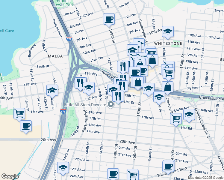 map of restaurants, bars, coffee shops, grocery stores, and more near 146-42 15th Avenue in Queens