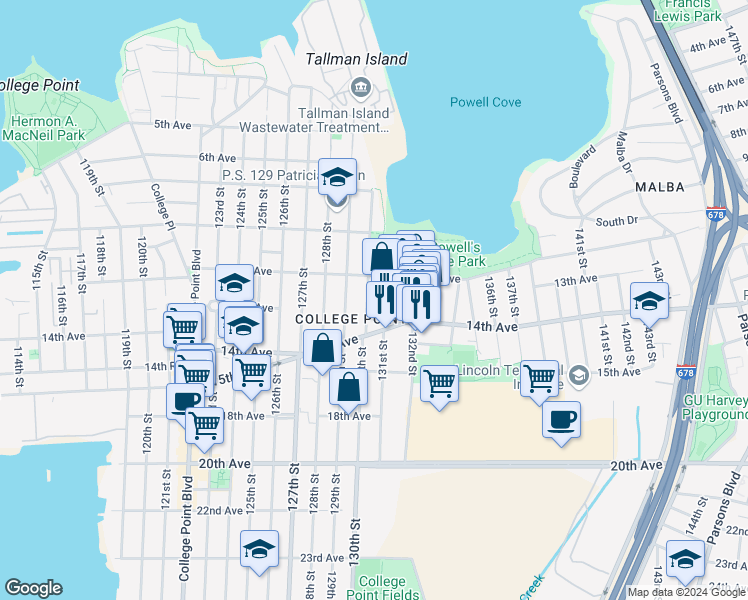 map of restaurants, bars, coffee shops, grocery stores, and more near 13105 14th Avenue in Queens