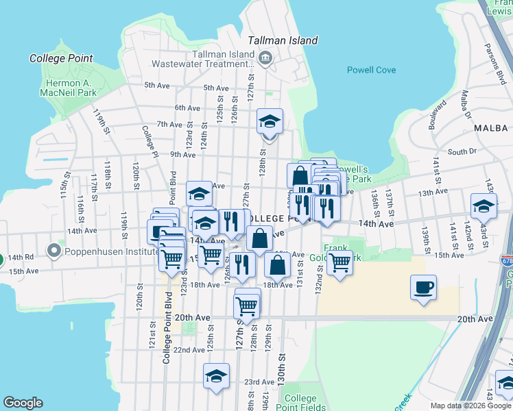 map of restaurants, bars, coffee shops, grocery stores, and more near 11-44 128th Street in Queens