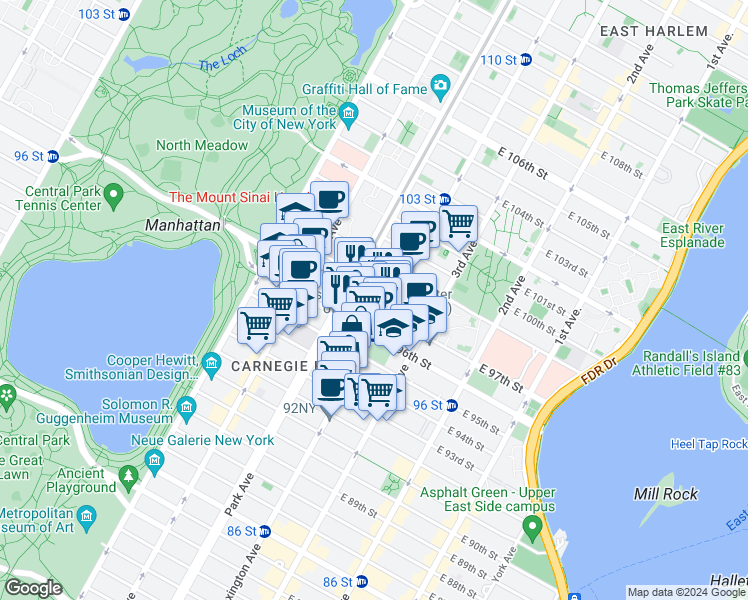 map of restaurants, bars, coffee shops, grocery stores, and more near in New York