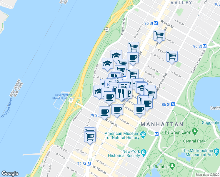 map of restaurants, bars, coffee shops, grocery stores, and more near 2299 Broadway in New York