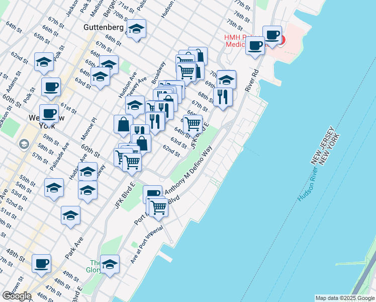 map of restaurants, bars, coffee shops, grocery stores, and more near in West New York