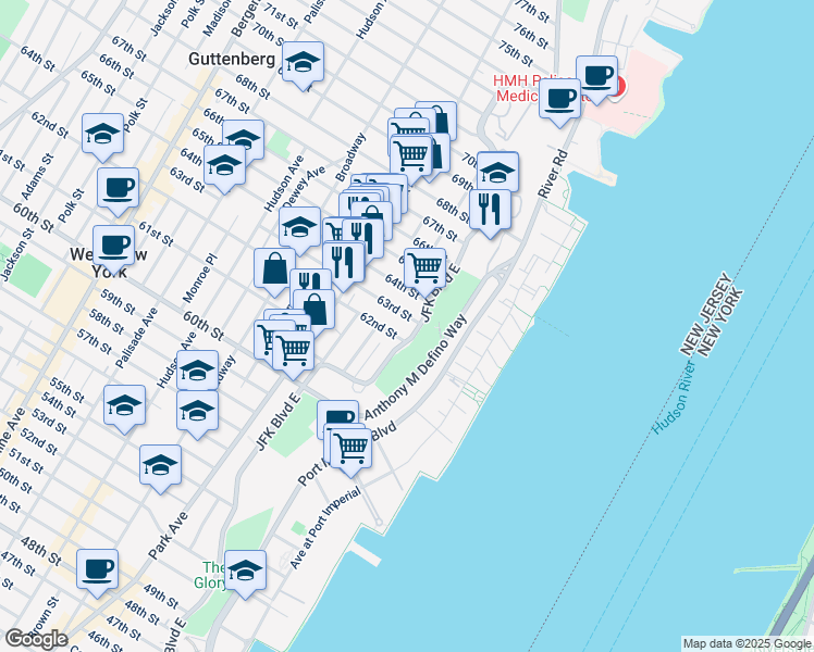 map of restaurants, bars, coffee shops, grocery stores, and more near in West New York