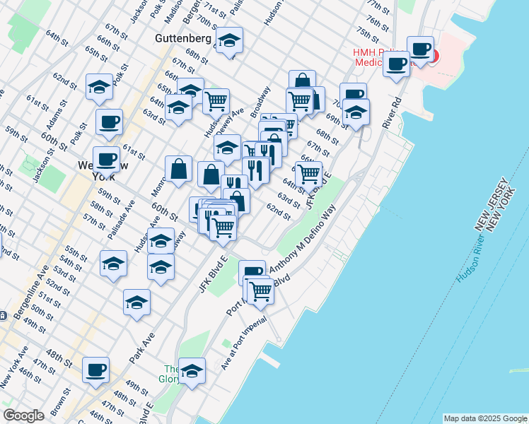 map of restaurants, bars, coffee shops, grocery stores, and more near 6100 Monitor Place in West New York