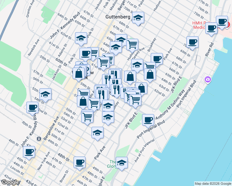 map of restaurants, bars, coffee shops, grocery stores, and more near 207 60th Street in West New York