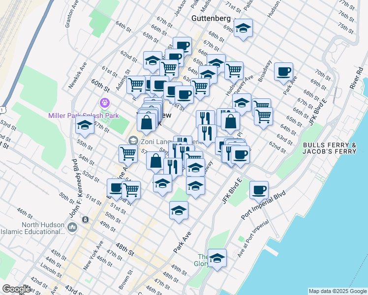map of restaurants, bars, coffee shops, grocery stores, and more near 5900 Hudson Avenue in West New York