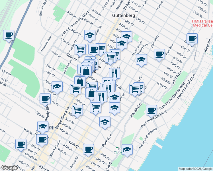 map of restaurants, bars, coffee shops, grocery stores, and more near 324 58th Street in West New York