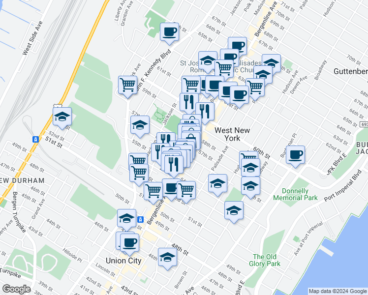map of restaurants, bars, coffee shops, grocery stores, and more near 515 56th Street in West New York