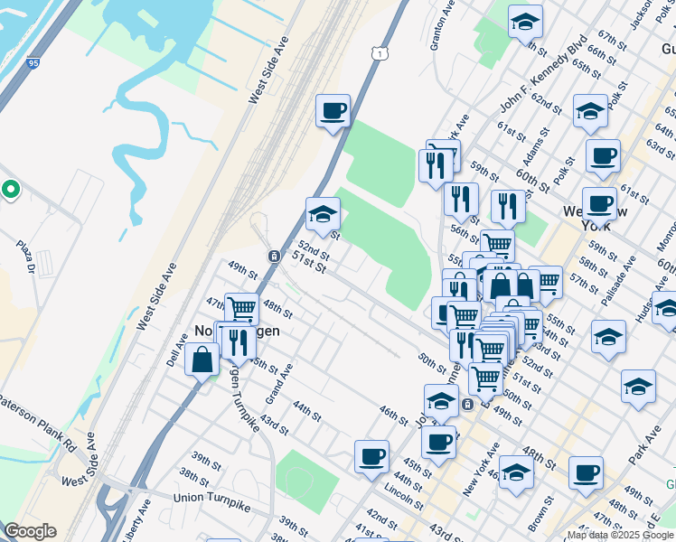 map of restaurants, bars, coffee shops, grocery stores, and more near 1453 51st Street in North Bergen