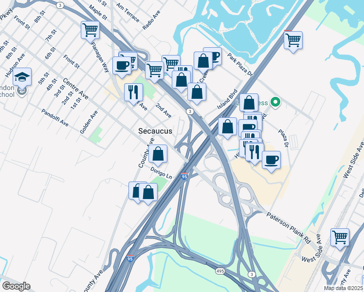 map of restaurants, bars, coffee shops, grocery stores, and more near 16 Green Valley Court in Secaucus
