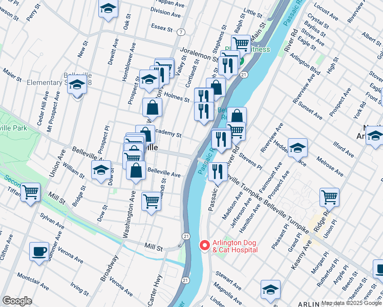 map of restaurants, bars, coffee shops, grocery stores, and more near 4 Rutgers Street in Belleville