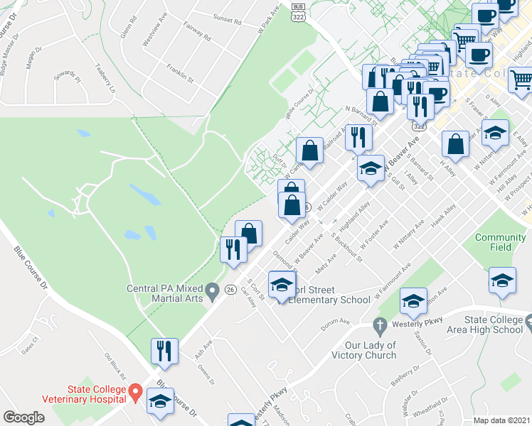 map of restaurants, bars, coffee shops, grocery stores, and more near 1006 Golfview Avenue in State College