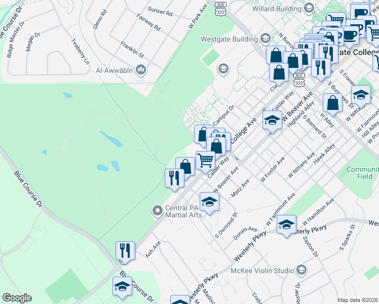 map of restaurants, bars, coffee shops, grocery stores, and more near 1006 Golfview Avenue in State College