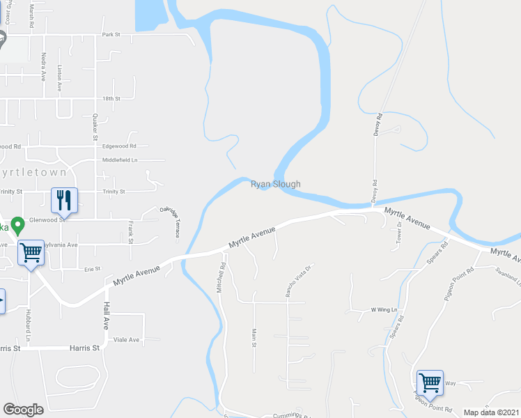 map of restaurants, bars, coffee shops, grocery stores, and more near 4639 Myrtle Avenue in Eureka