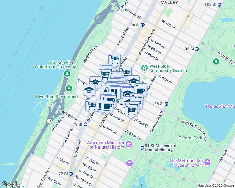 map of restaurants, bars, coffee shops, grocery stores, and more near 199 West 85th Street in New York