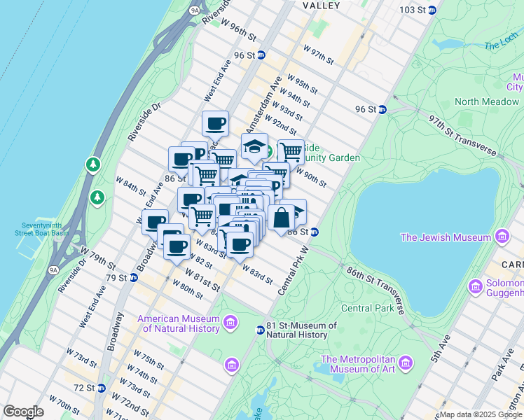 map of restaurants, bars, coffee shops, grocery stores, and more near 550 Columbus Avenue in New York