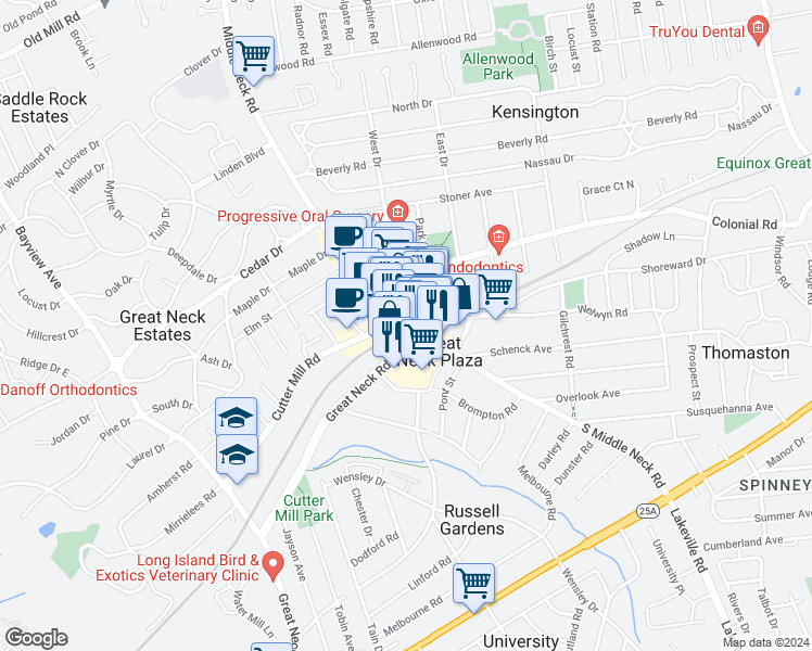 map of restaurants, bars, coffee shops, grocery stores, and more near 3 Middle Neck Road in Great Neck Plaza