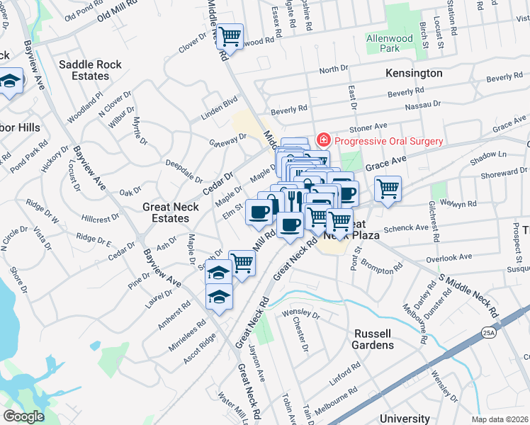 map of restaurants, bars, coffee shops, grocery stores, and more near 1 Town House Place in Great Neck Plaza