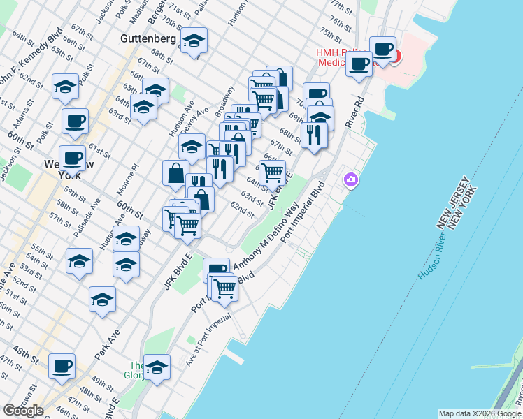 map of restaurants, bars, coffee shops, grocery stores, and more near in West New York