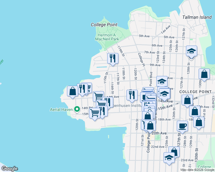 map of restaurants, bars, coffee shops, grocery stores, and more near 12-17 115th Street in Queens