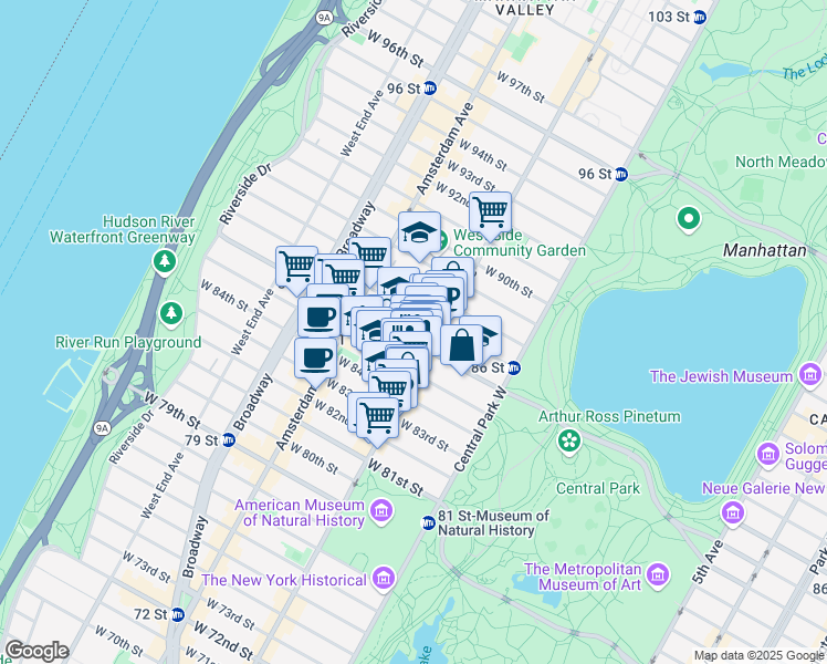 map of restaurants, bars, coffee shops, grocery stores, and more near 115 West 86th Street in New York