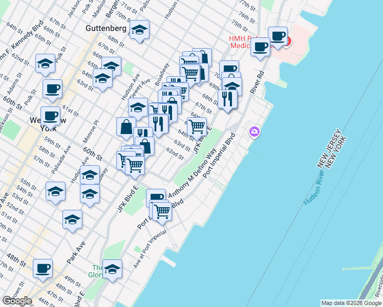 map of restaurants, bars, coffee shops, grocery stores, and more near in West New York