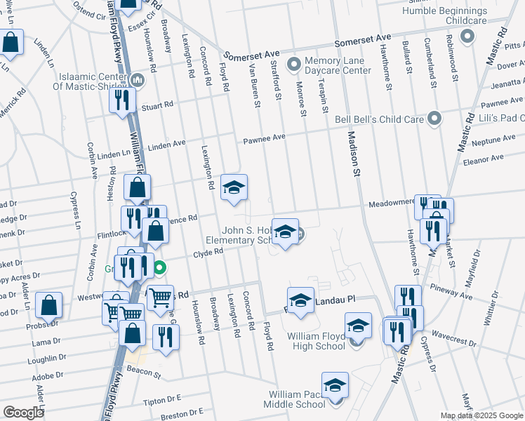 map of restaurants, bars, coffee shops, grocery stores, and more near 1 Meadowmere Avenue in Mastic