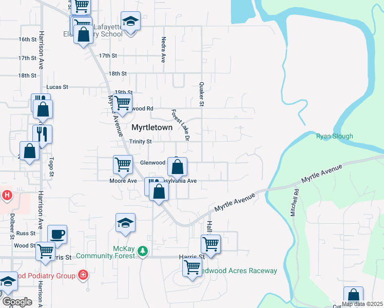 map of restaurants, bars, coffee shops, grocery stores, and more near 2255 Forest Lake Court in Eureka