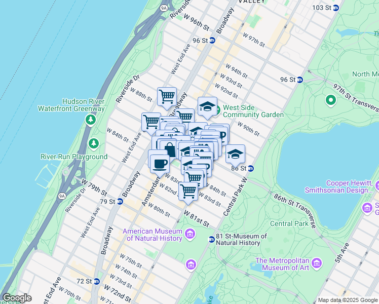map of restaurants, bars, coffee shops, grocery stores, and more near 144 West 86th Street in New York