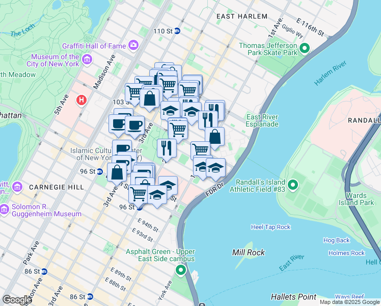 map of restaurants, bars, coffee shops, grocery stores, and more near 325 East 101st Street in New York