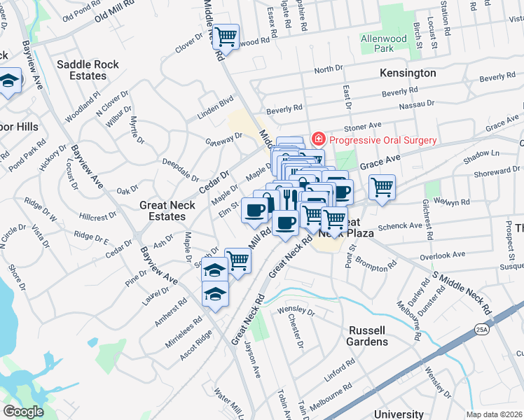 map of restaurants, bars, coffee shops, grocery stores, and more near 1 Hillside Avenue in Great Neck