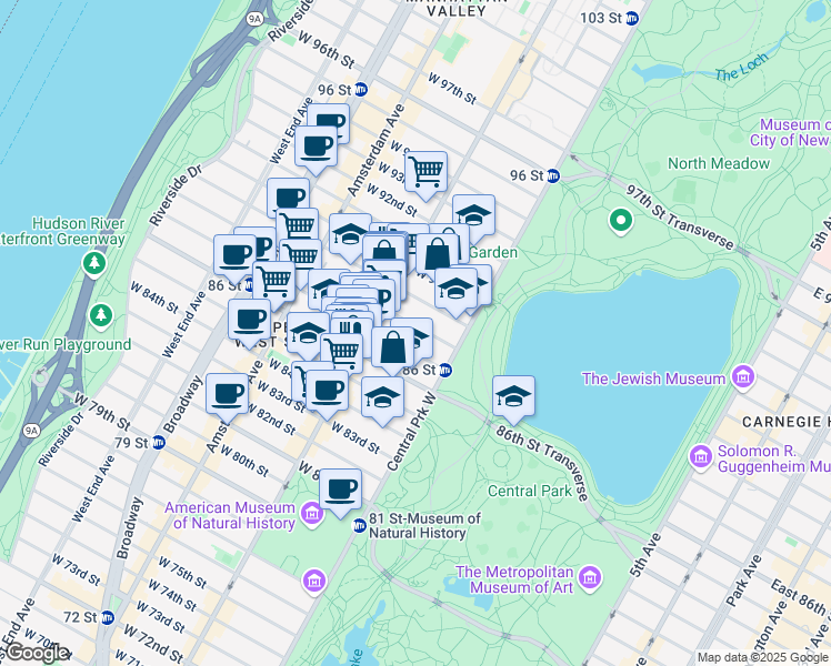 map of restaurants, bars, coffee shops, grocery stores, and more near 38 West 88th Street in New York