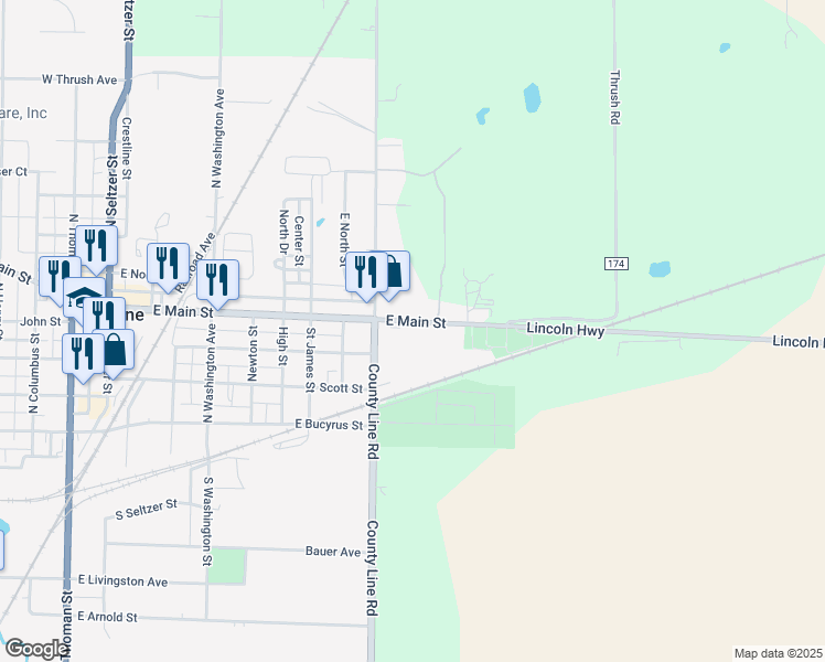 map of restaurants, bars, coffee shops, grocery stores, and more near 926 East Main Street in Galion