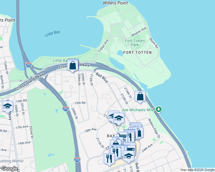 map of restaurants, bars, coffee shops, grocery stores, and more near 15-36 Bell Boulevard in Queens