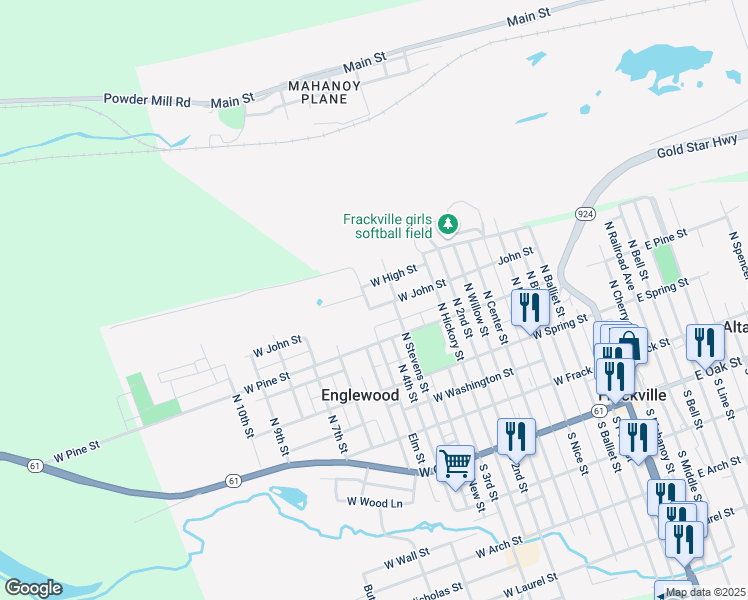 map of restaurants, bars, coffee shops, grocery stores, and more near 543 West John Street in Frackville