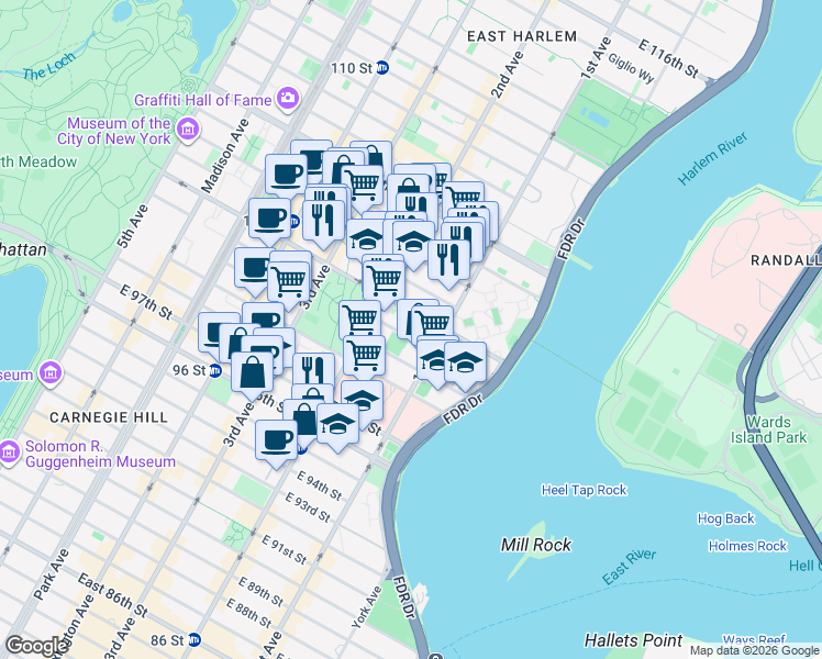map of restaurants, bars, coffee shops, grocery stores, and more near 325 East 101st Street in New York