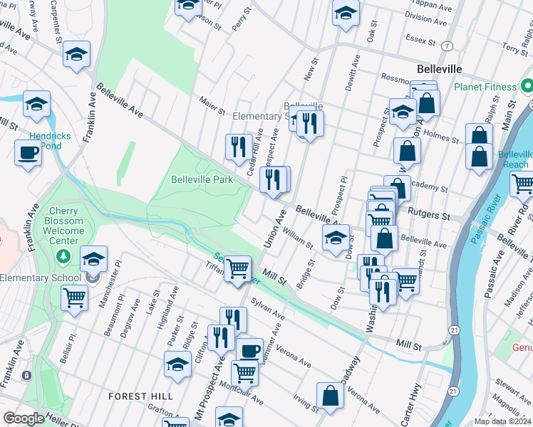 map of restaurants, bars, coffee shops, grocery stores, and more near 266 William Street in Belleville