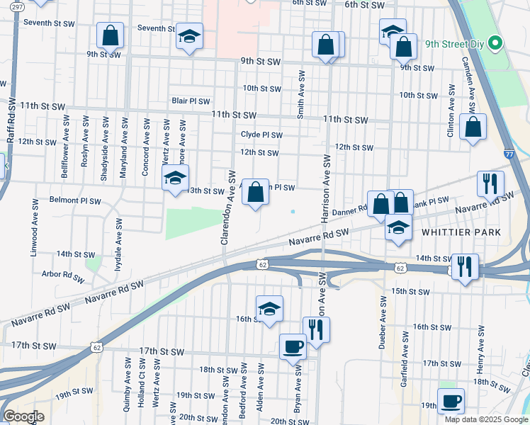 map of restaurants, bars, coffee shops, grocery stores, and more near 1250 Bedford Avenue Southwest in Canton